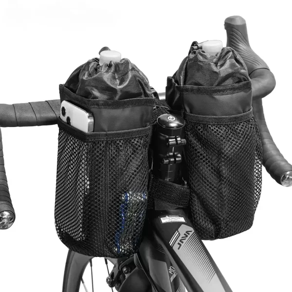 Saco de bicicleta titular garrafa guiador haste saco térmico com bolso malha suportes copo café ciclismo garrafa água transportadora saco