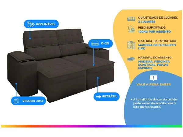 Sofá Retrátil Reclinável 3 Lugares Veludo Joly Cancún Gralha Azul Estofados - Imagem 2