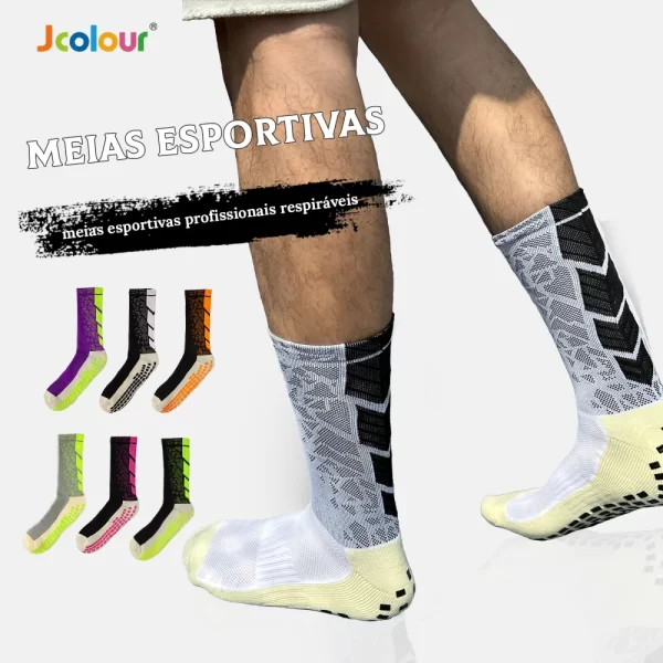 Kit 10 Pares Meias de Futebol Sola Antiderrapante Malha Ventilada Elástico Alto para Treinos e Jogos - Imagem 2