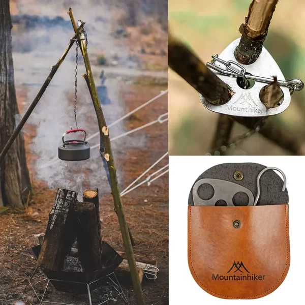 Panela pan tripé montagem de aço inoxidável acampamento tripé pendurado pote suporte com saco armazenamento couro acessórios ao ar livre - Imagem 4