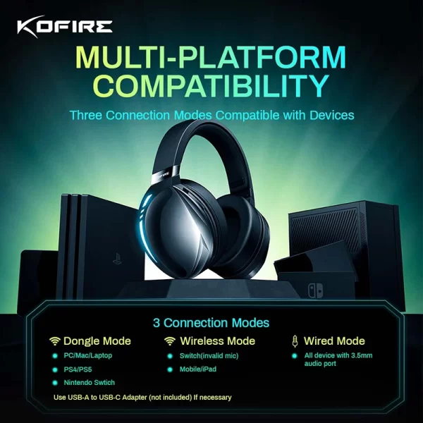 Kofire UG-06 Gaming Headset Baixa Latência 2.4G Bluetooth Fones de ouvido sem fio com microfone RGB luz gradiente com fio para PC PS5 Switch - Imagem 6