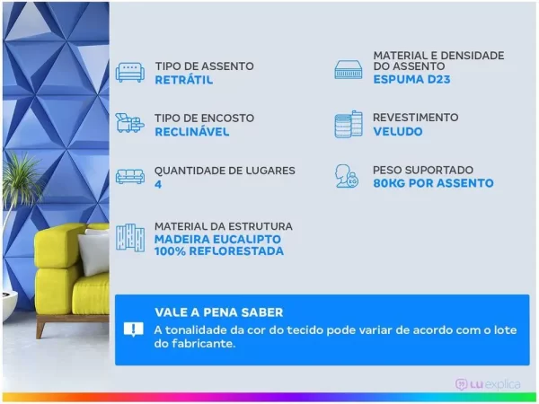 Sofá Retrátil Reclinável 4 Lugares Veludo Phormatta Costa Rica SMP - Imagem 2