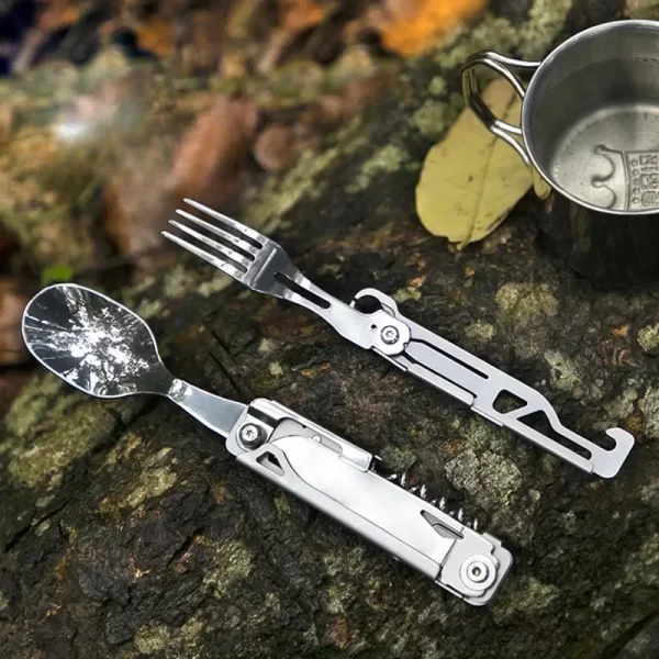 Conjunto de talheres multifuncional portátil dobrável acampamento talheres faca aço inoxidável garfo colher abridor latas equipamentos ao ar livre - Imagem 3