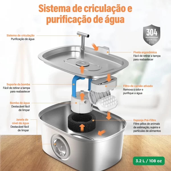 Newpet 3.2l gato água dispensador de animais de estimação aço inoxidável com luz led bomba silenciosa fonte automática para gato cão beber tigela - Imagem 5