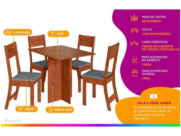 Mesa de Jantar 4 Cadeiras Retangular Tecido Preto Indekes Talita - Imagem 2