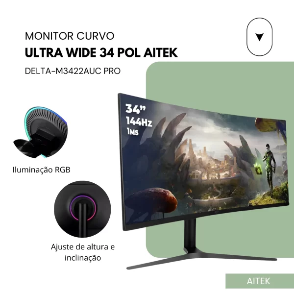 Monitor Gamer Ultrawide 34 Polegadas 165Hz 1ms Resolução WQHD Preto HDMI - Design Ergonômico - Imagem 6
