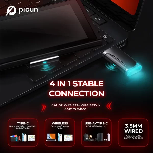 Picun g2 2.4g sem fio gaming headset bluetooth fones de ouvido 5ms baixa latência 7.1 surround enc microfone para pc ps4 ps5 telefone interruptor - Imagem 3