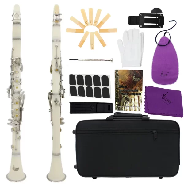 Clarinete colorido bb b/g, clarinete preto abs com caixa, chave de fenda, pano de limpeza, palheta, peça de instrumento de sopro - Imagem 4