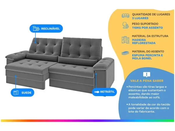 Sofá 3 Lugares Retrátil Reclinável Suede Phormatta Colômbia SMP - Imagem 4