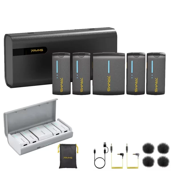 7RYMS iRay DW40 Microfone sem fio de lapela de quatro canais 4 faixas de áudio Microfone de lapela com cancelamento de ruído de saída individual