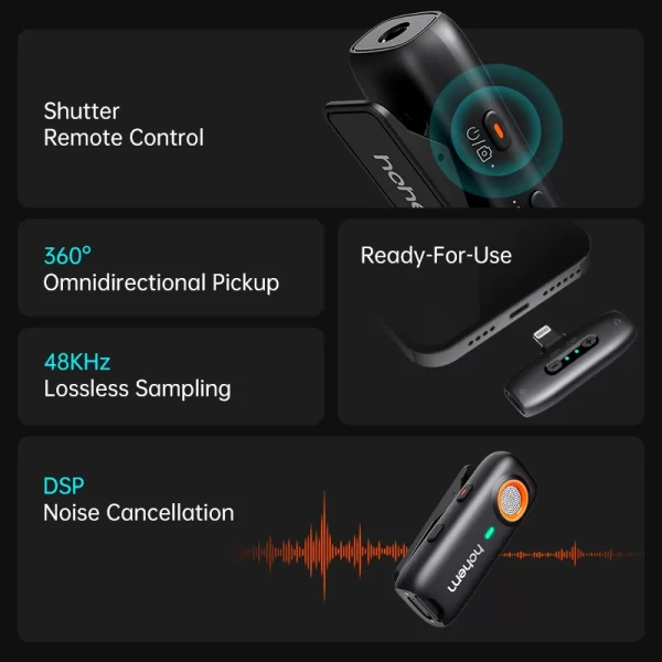 Hohem-MIC-01 Microfone sem fio Lavalier, gravação com cancelamento de ruído, bateria de 20 horas, iPhone, Android, Live Streaming - Imagem 2