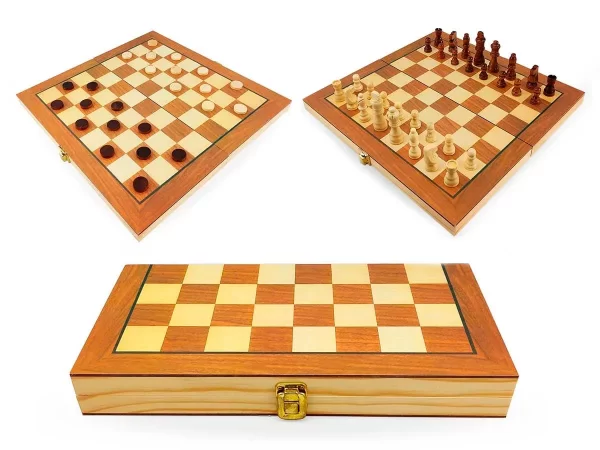 Jogo de Xadrez e Dama Caixa Tabuleiro de Madeira Dobrável 2 em 1 Grande 37,5x38,5cm Hoyle Games - Imagem 6