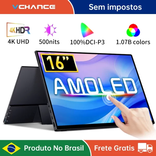 VCHANCE-Monitor Portátil Touch Screen, 16 '' Oled, 4K, 500nits, 100% DCI-P3 HDR, Display de escritório para PC, laptop, telefone, XBox Switch
