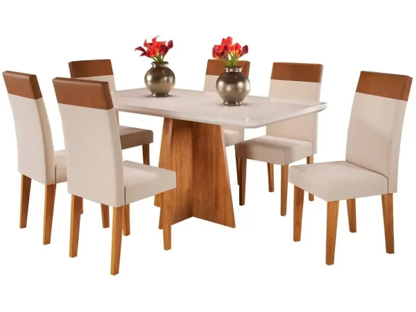 Mesa de Jantar 6 Cadeiras Retangular Mel e Off White Viena - Imagem 2
