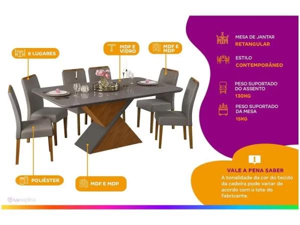 Mesa de Jantar 6 Cadeiras Retangular Cinza e Lunar DJ Móveis Firenze - Imagem 2