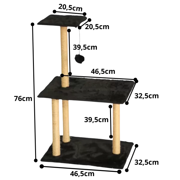 Arranhador Para Gatos Poste Sisal 3 Bases Brinquedo Bolinha Preto - Imagem 2