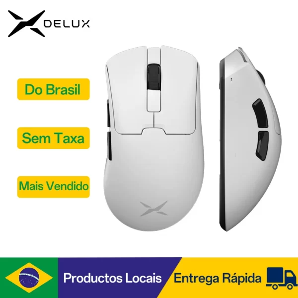 Delux M900PRO Ultra-light Mouse Gamer Sem Fio, Design Ergonômico, Taxa de Polling de 1K, 63g, PAW3395, Ideal para Mãos Grandes e Uso com PC