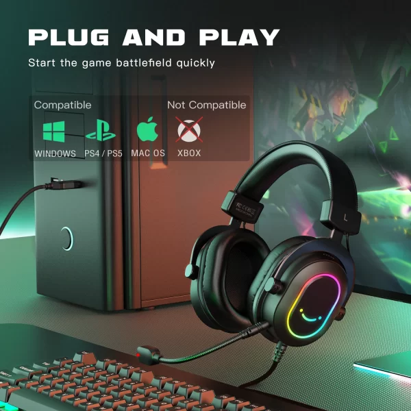 Fone de ouvido para jogos USB FIFINE com som surround 7.1/controle de linha/modo 3EQ, fone de ouvido RGB com microfone, plug and play, para PC/PS5 -H6 - Imagem 5