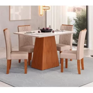 Mesa de Jantar Retangular com 4 Cadeiras Freijo e Off White