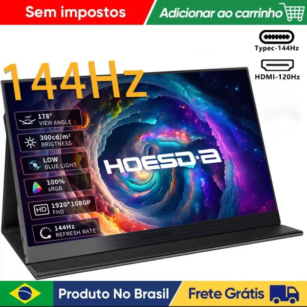 Monitor portátil de 15.6 polegadas 144Hz FHD IPS 300cd/m2 USB-C HDMI Monitor de jogos para PC/PS3/4/5/Switch/Xbox/Laptop/Mini Pc/Telefone