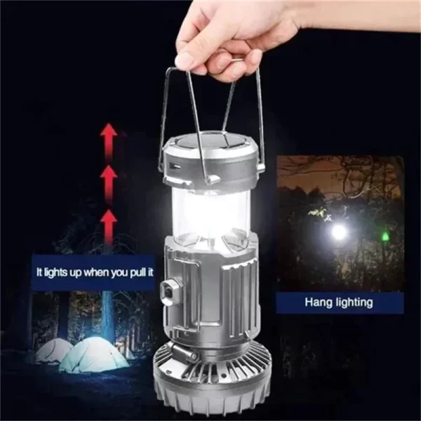 Alta potência led luz solar portátil luz de acampamento ventilador elétrico energia solar pendurado tenda lâmpada recarregável ao ar livre lâmpada de emergência - Imagem 4