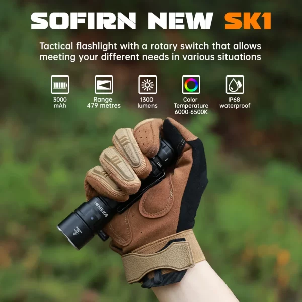 Sofirn SK1 Lanterna tática 479m 1300LM EDC recarregável SFT25R LED Spotlight Tocha com interruptor traseiro e interruptor rotativo