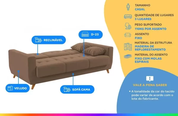 Sofá-cama Casal 3 Lugares com Baú Reclinável Veludo Matrix Pâmela - Imagem 2