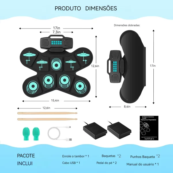 Conjunto de bateria eletrônica com 9 almofadas, kit de bateria digital, compatível com bluetooth, portátil, bateria eletrônica, presentes de feriado - Imagem 6