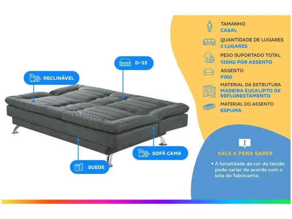 Sofá-cama Casal 3 Lugares Reclinável Maya - Imagem 2