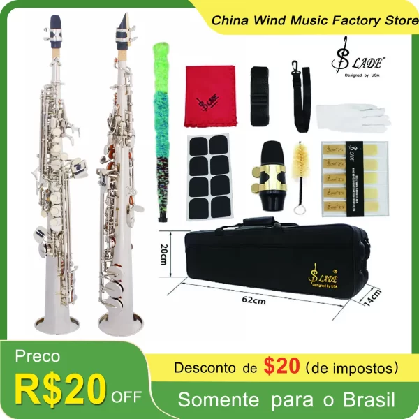 Saxofone soprano prateado bb, instrumento de sopro profissional plano, sax reto de latão com estojo, acessórios para instrumentos musicais
