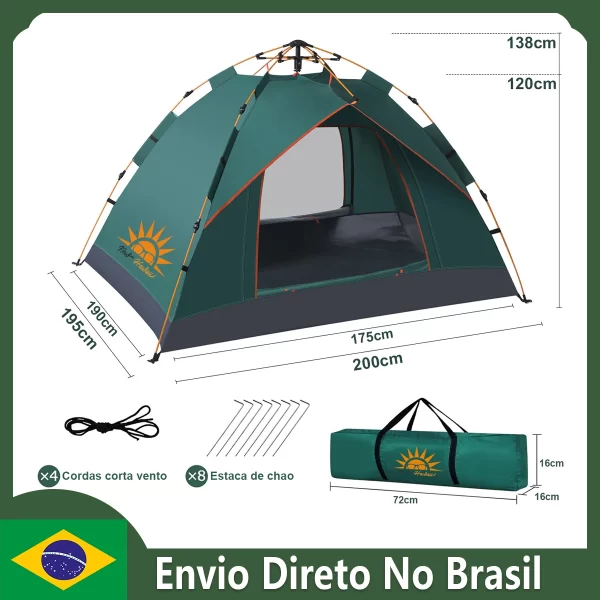 Barraca Pop-up Automática para Acampamento ao Ar Livre | Proteção Solar | 3-4 Pessoas | Verde/Branco