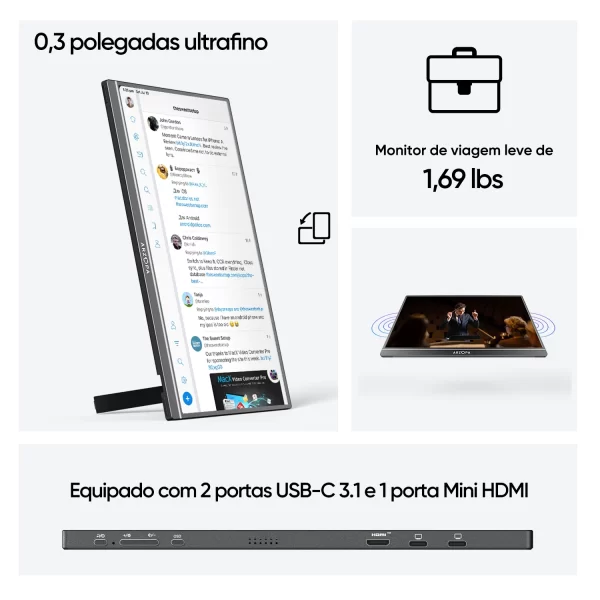 [produto no brasil ]ARZOPA Monitor portátil de 17,3 polegadas 1080P FHD 100% sRGB, tela IPS 16:9, corpo de metal, com mini HDMI tipo C, alto-falantes, para Mac /Laptop/PC/Xbox/Switch/PS, segunda tela externa, novo A1M - Imagem 5