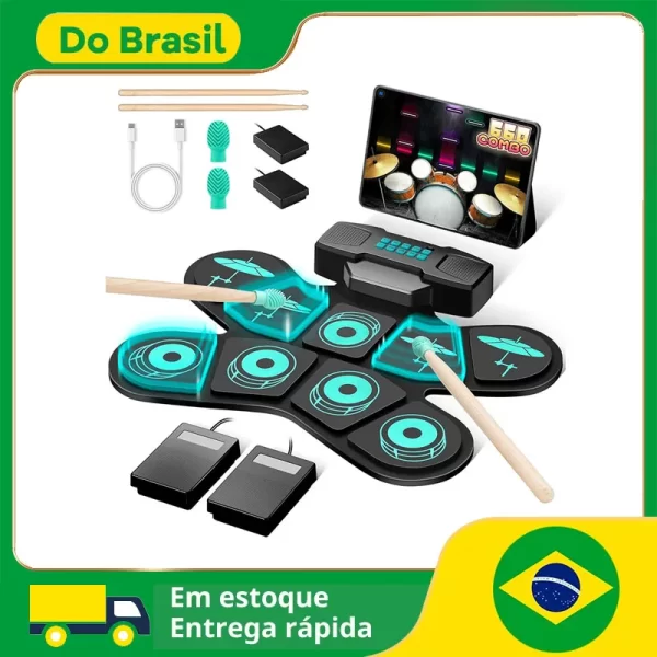 Conjunto de tapete de bateria eletrônica: alto-falante duplo portátil 9 almofadas bateria de prática elétrica midi link de jogo 4 horas vida música presente para iniciantes