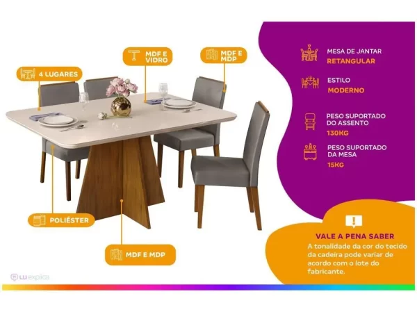 Mesa de Jantar 4 Cadeiras Retangular Off White e Lunar DJ Móveis Siena - Imagem 2