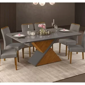 Mesa de Jantar Retangular com 6 Cadeiras Cinza DJ Móveis Firenze