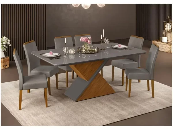 Mesa de Jantar 6 Cadeiras Retangular Cinza e Lunar DJ Móveis Firenze