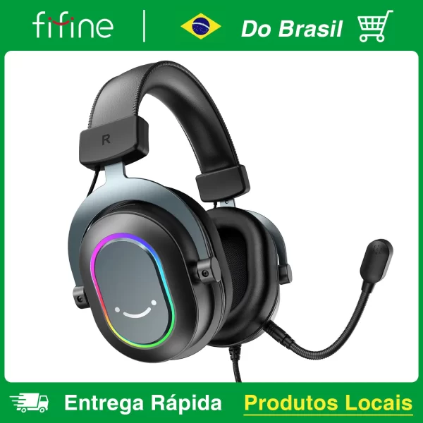 Fone de ouvido para jogos USB FIFINE com som surround 7.1/controle de linha/modo 3EQ, fone de ouvido RGB com microfone, plug and play, para PC/PS5 -H6