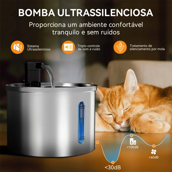 Fonte de água para gatos de 3 litros e grande capacidade Fonte de água automática para animais de estimação em aço inoxidável Fonte de água para animais de estimação com sensor inteligente e sem fio - Imagem 4