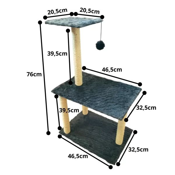 Arranhador Para Gatos Poste Sisal 3 Bases Brinquedo Bolinha Cinza - Imagem 2