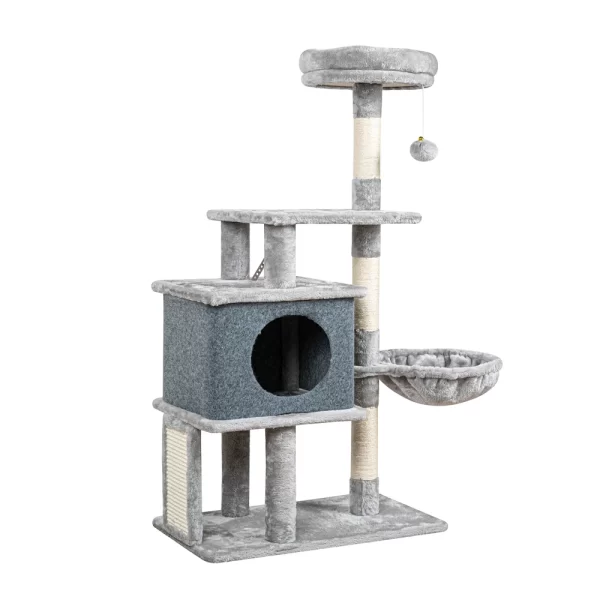 Newpet Árvore para gatos grande com vários níveis Prateleira de madeira para escalada Estrutura para arranhador Posto de arranhadura Pilar de sisal Plataforma de salto para moer as patas Torre de poleiro - Imagem 4