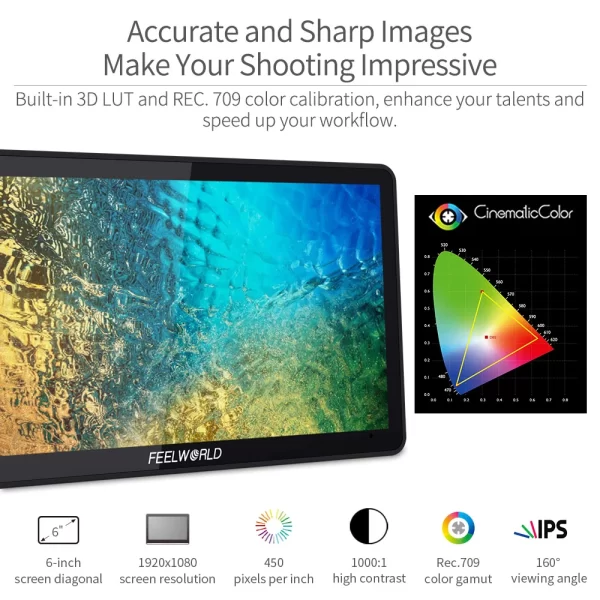 FEELWORLD 6 Polegada F6 PLUS V2 Câmera DSLR Monitor de Campo 3D LUT Tela Sensível Ao Toque IPS FHD 1920x1080 Suporte de Assistência de Foco de Vídeo 4K HDMI - Imagem 2