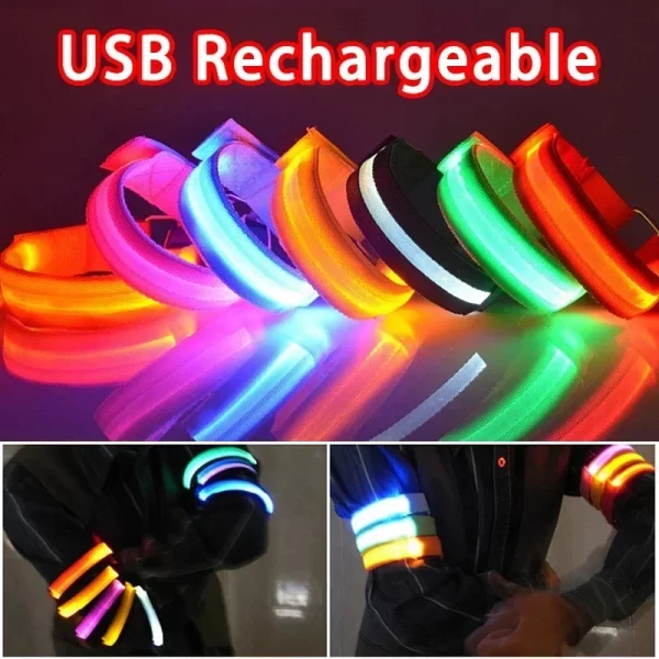 Braçadeira de Corrida Noturna USB Recarregável - Cinto de Segurança para Ciclismo e Esportes ao Ar Livre