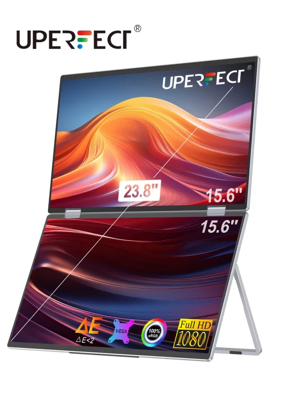 UPERFECT Tela Tripla Monitor Dobrável Portátil de 15,6" Tela Dupla com Extensor VESA 1080P FHD IPS para Laptop PC Suporte de Rotação de 360° para Windows MAC OS Smartphone PS5 Switch
