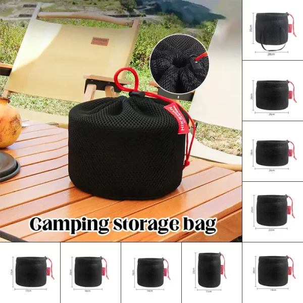 Saco de armazenamento de panela de acampamento ao ar livre portátil piquenique panelas saco de armazenamento sanduíche malha cordão bolso fogão ao ar livre acessórios