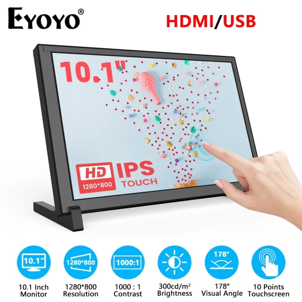 Eyoyo monitor 10.1 polegada tela sensível ao toque capacitivo portátil 1280x800 ips display para raspberry pi plug and play compatível win 8/10, tela toutch screen monitor, monitor portátil 10 polegadas screen extender