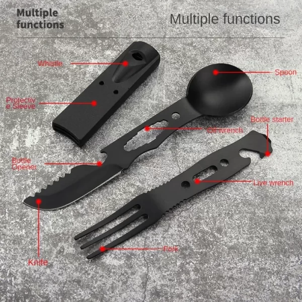 Conjunto ao ar livre multi funcional facas de acampamento talheres ao ar livre combinação vento aço inoxidável com apito colher garfo - Imagem 6