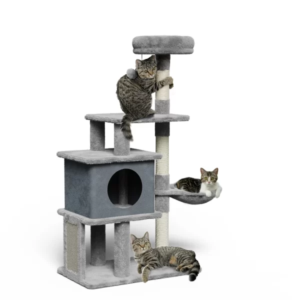 Newpet Árvore para gatos grande com vários níveis Prateleira de madeira para escalada Estrutura para arranhador Posto de arranhadura Pilar de sisal Plataforma de salto para moer as patas Torre de poleiro - Imagem 2