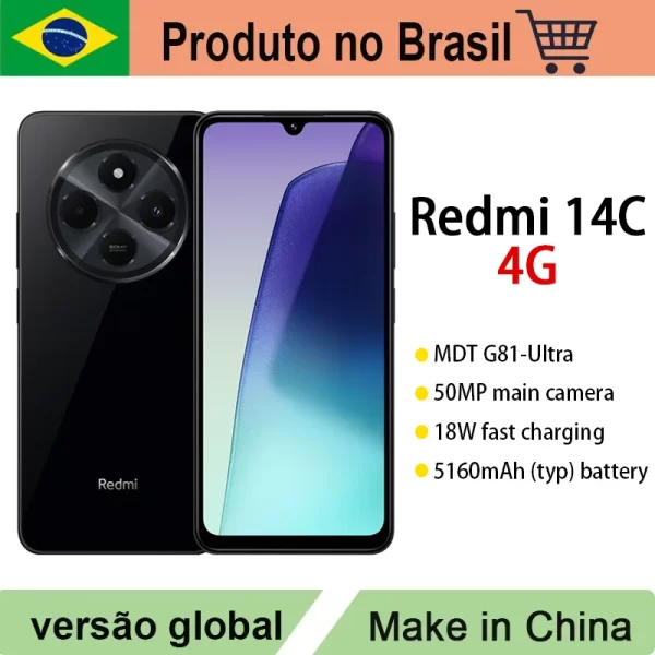 Smartphone Xiaomi Redmi 14C 4G, processador MTK Helio G81-Ultra, display de ponto de 6,88 ", câmera dupla AI de 5000 MP, carregamento de 160 mAh 18 W