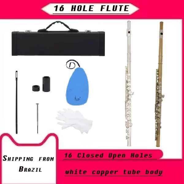 Slade16 fechado buracos abertos c flauta profissional flauta transversal concerto instrumento musical com caixa pano de limpeza vara luvas