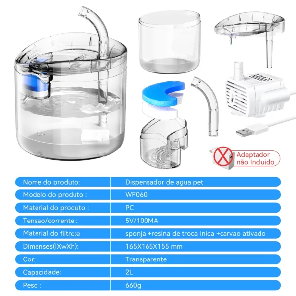 Filtro De Fonte De Água Do Cão Do Gato Bebedor Sensor Automático Para Gatos Alimentador Pet Water Dispenser Auto Bebendo Fonte 2L Para Animais De Estimação - Imagem 6